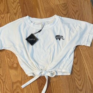 Zaful White Tie-Front crop Tee with Elephant Design nwt